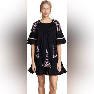 Free People - Pablo Dress - mini 3/4 sleeves, ruffles, embroidery. Black small